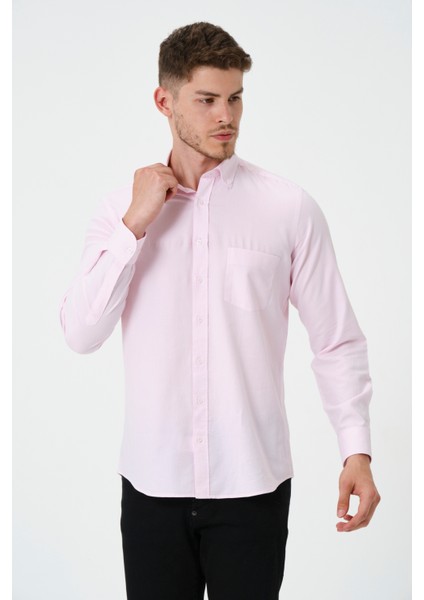 Erkek Pembe Oxford Regular Fit Düz Uzun Kol Gömlek