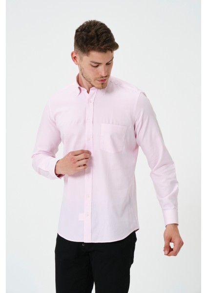 Erkek Pembe Oxford Regular Fit Düz Uzun Kol Gömlek