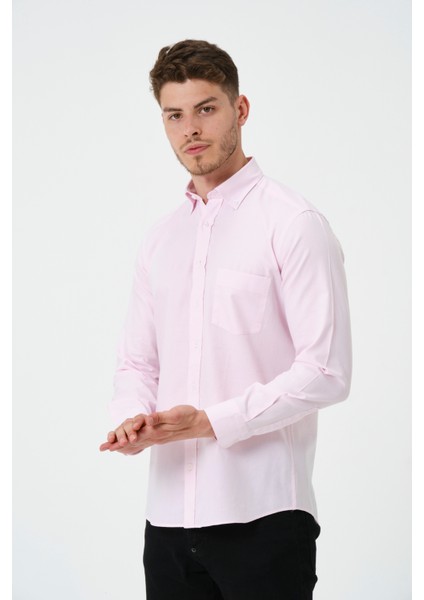 Erkek Pembe Oxford Regular Fit Düz Uzun Kol Gömlek