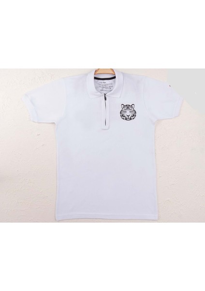 379484 Polo Yaka Fermuarlı Tişört 13Y/16Y - Beyaz - 14-15 Yaş