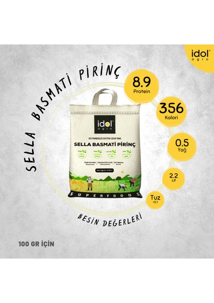 idolagro Sella Basmati Pirinç - 5 Kg -parboiled, Yapışmaz Extra Uzun Tane, Ekobag
