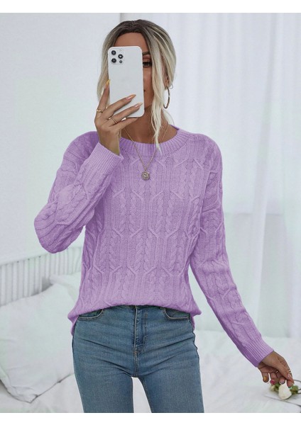 Saç Örgülü Desenli Bisiklet Yaka Lila Triko Kazak