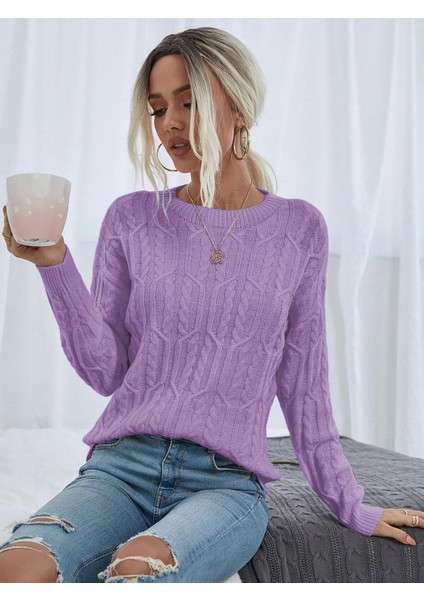 Saç Örgülü Desenli Bisiklet Yaka Lila Triko Kazak fiyatları