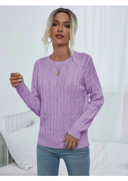 Saç Örgülü Desenli Bisiklet Yaka Lila Triko Kazak modelleri