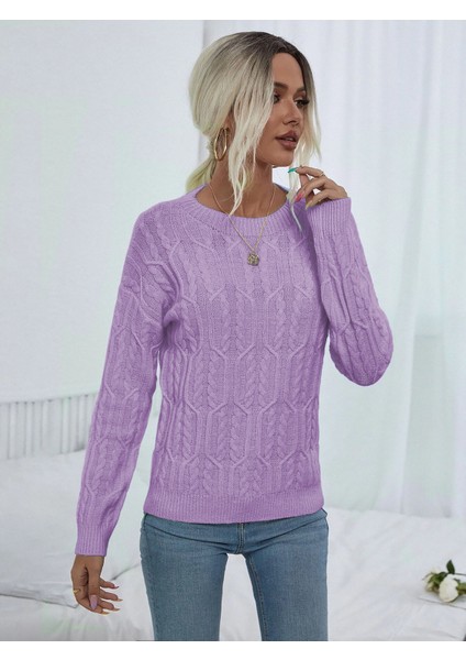 Saç Örgülü Desenli Bisiklet Yaka Lila Triko Kazak fırsatları