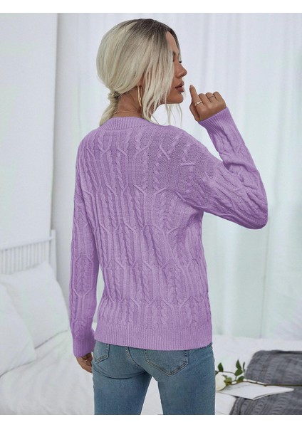 Saç Örgülü Desenli Bisiklet Yaka Lila Triko Kazak indirimleri