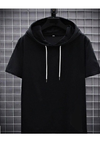 Oversize Kapüşonlu Siyah T-Shirt