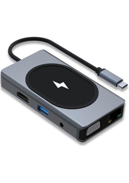 9in1 USB Type-C Hub Port Adaptör 4K HDMI USB Ethernet Pd Girişli 15W Kablosuz Şarj