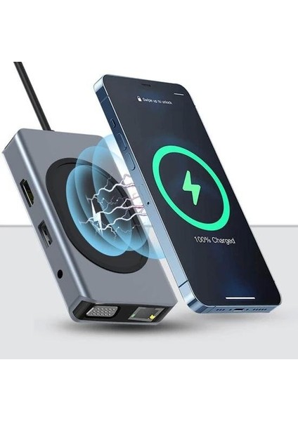 9in1 USB Type-C Hub Port Adaptör 4K HDMI USB Ethernet Pd Girişli 15W Kablosuz Şarj