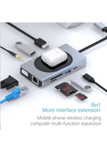 9in1 USB Type-C Hub Port Adaptör 4K HDMI USB Ethernet Pd Girişli 15W Kablosuz Şarj