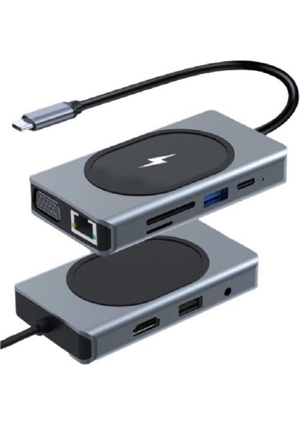 9in1 USB Type-C Hub Port Adaptör 4K HDMI USB Ethernet Pd Girişli 15W Kablosuz Şarj