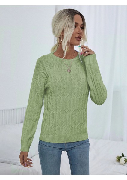 Saç Örgülü Desenli Bisiklet Yaka Mint Triko Kazak