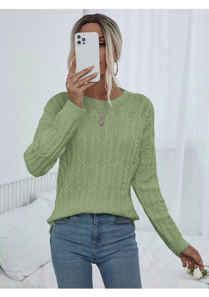 Saç Örgülü Desenli Bisiklet Yaka Mint Triko Kazak modelleri