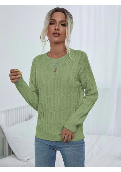 Saç Örgülü Desenli Bisiklet Yaka Mint Triko Kazak indirimleri