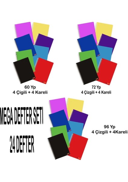 A4 Okul Defteri 60 - 72 - 96 Yp. (24 Adet 12 Kareli 12 Çizgili) Spralli Plastik Kapak Smart.60