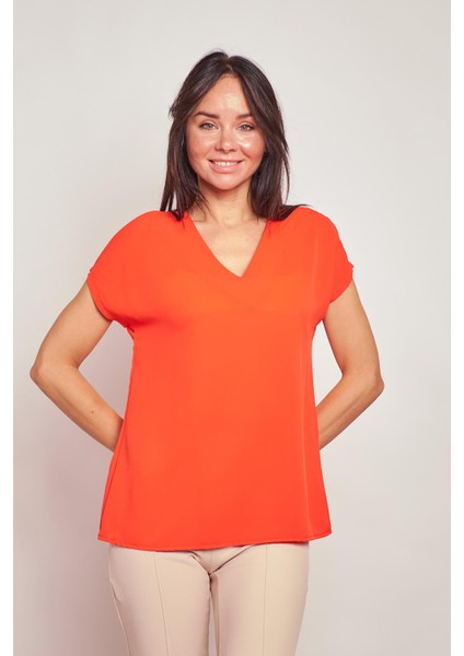 Hafif Parlak Şık Kumaş V Yaka Kısa Kol Rahat Bluz -Oranj fiyatları