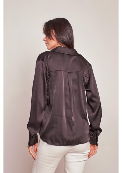 Likrasız Saten Kumaş Yakalı Önü Pileli Uzun Kol Gömlek-Siyah indirimleri
