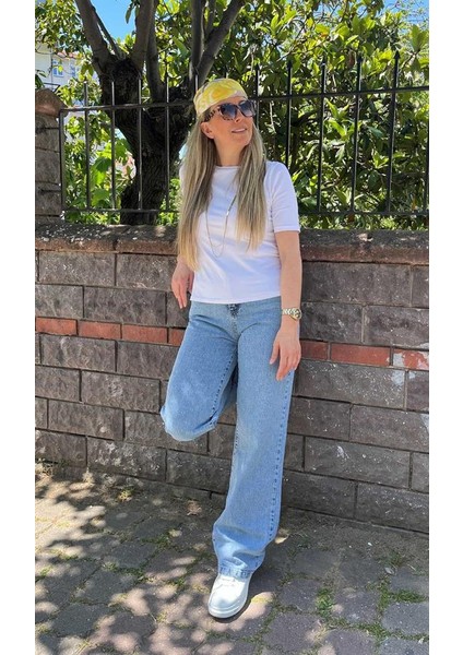 Mavi Yüksek Bel Boru Paça Jean