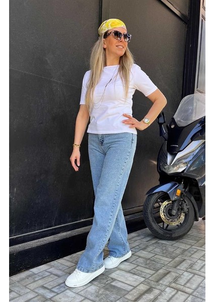 Mavi Yüksek Bel Boru Paça Jean