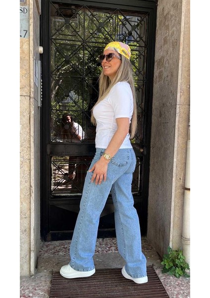 Mavi Yüksek Bel Boru Paça Jean