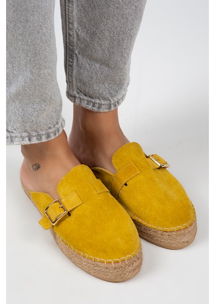 Esta Kadın Deri Kemerli Tokalı Sarı Terlik Espadril modelleri
