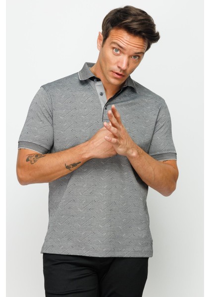 Erkek Polo Yaka Jakarlı Düğmeli Cepli T-Shirt Siyah