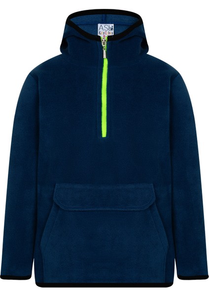 Çocuk Polar Yarım Fermuarlı Kapşonlu Kanguru Cep Sweatshirt Indigo  Unisex