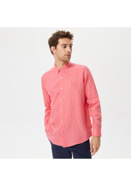 Erkek Pembe Classic Fit Uzun Kollu Keten Gömlek W35101T.6TH