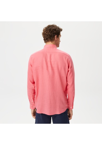 Erkek Pembe Classic Fit Uzun Kollu Keten Gömlek W35101T.6TH