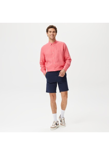Erkek Pembe Classic Fit Uzun Kollu Keten Gömlek W35101T.6TH