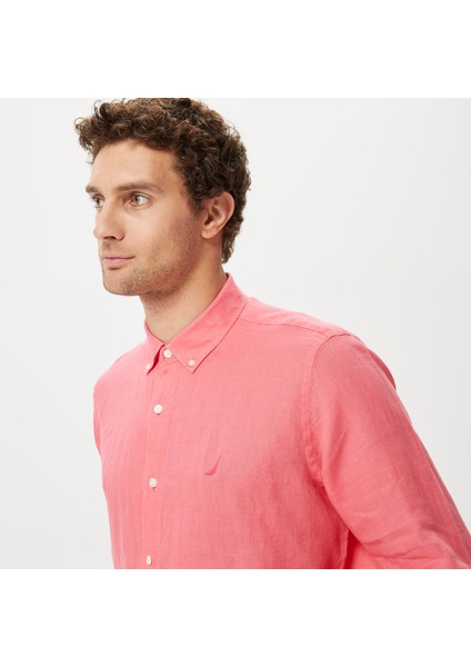 Erkek Pembe Classic Fit Uzun Kollu Keten Gömlek W35101T.6TH