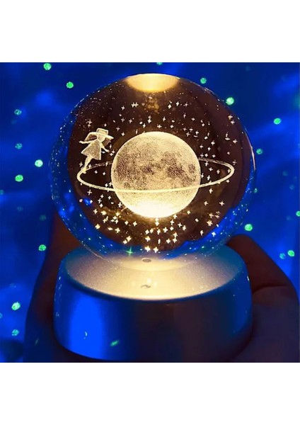 Satürn Çemberinde Yürüyen Kız Işıklı Cam Küre 8cm*6cm