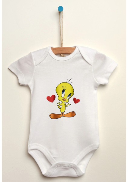 Tweety Baskılı Organik Pamuklu Unisex Beyaz Body Zıbın Çıtçıtlı