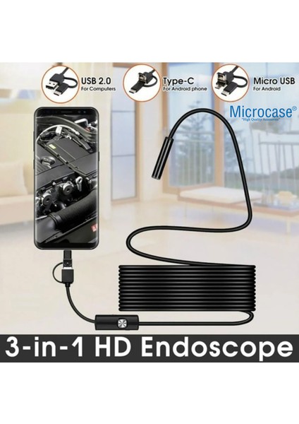 3'ü 1 Arada Endeskop Kamera Mikrofon USB 2.0 Micro USB ve Type-C 6 LED Su Geçirmez 5 Metre Borescope Yılan Kamera AL3899 indirimleri