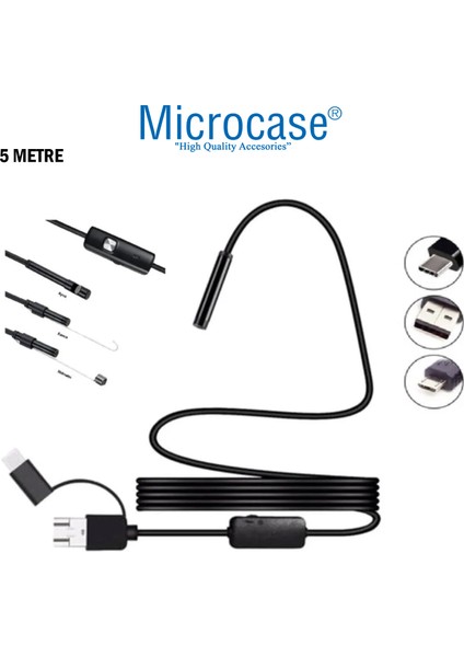 3'ü 1 Arada Endeskop Kamera Mikrofon USB 2.0 Micro USB ve Type-C 6 LED Su Geçirmez 5 Metre Borescope Yılan Kamera AL3899 modelleri