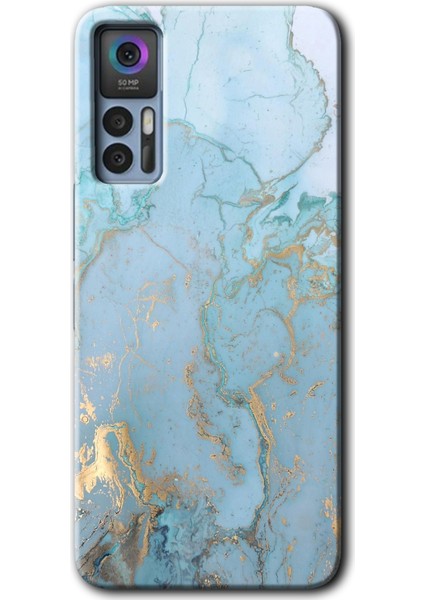 Tcl 30 Plus Kılıf Hd Desen Baskılı Arka Kapak - Mavi Gold Mermer