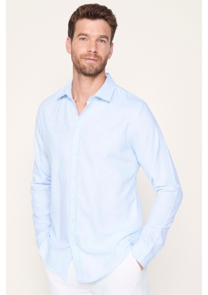 Slim Fit Pamuklu Keten Düz Yazlık Erkek Mavi Gömlek fiyatları