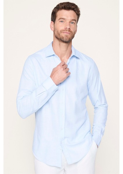 Slim Fit Pamuklu Keten Düz Yazlık Erkek Mavi Gömlek modelleri