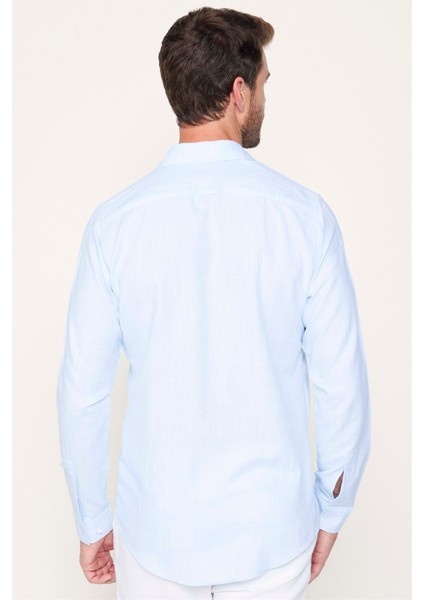 Slim Fit Pamuklu Keten Düz Yazlık Erkek Mavi Gömlek indirimleri
