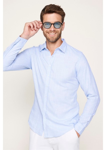 Slim Fit Pamuklu Keten Düz Yazlık Erkek Mavi Gömlek