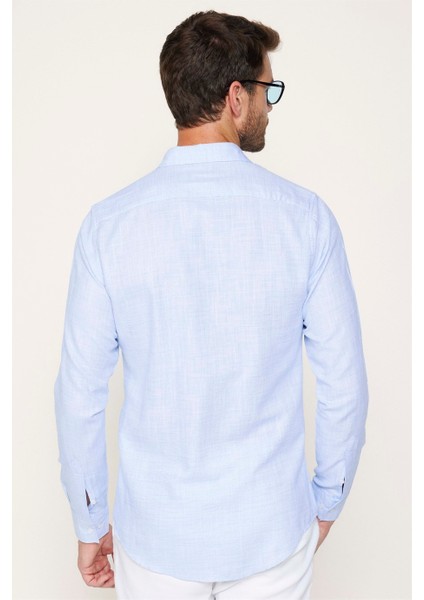 Slim Fit Pamuklu Keten Düz Yazlık Erkek Mavi Gömlek indirimleri