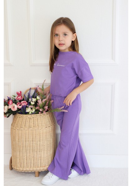 Kız Çocuk Ispanyol Paça Düz Crop Model Kısa Kollu Yazlık Basic Takım 2-5 Yaş