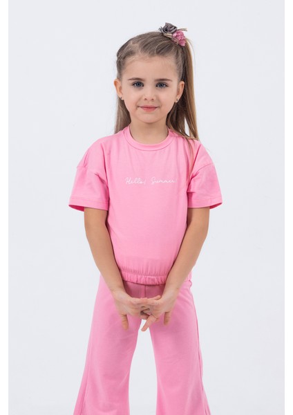 Kız Çocuk Ispanyol Paça Düz Crop Model Kısa Kollu Yazlık Basic Takım 2-5 Yaş