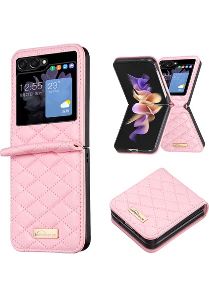 Plz Shop Samsung Galaxy Z Flip5 Pink Için Rhombic Doku Deri Kılıf (Yurt Dışından)