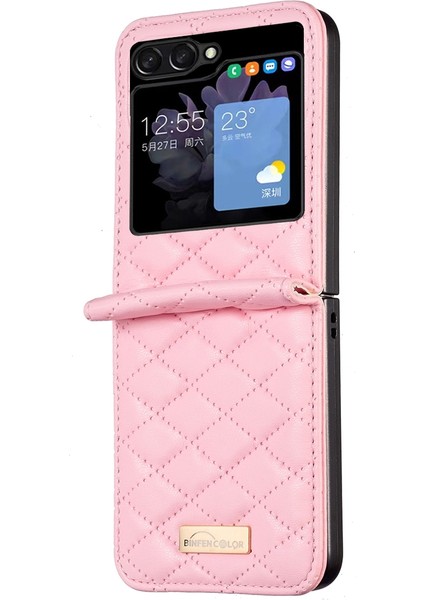 Plz Shop Samsung Galaxy Z Flip5 Pink Için Rhombic Doku Deri Kılıf (Yurt Dışından)