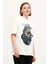 Beyaz %100 Pamuk Baskılı Oversize Dik Yaka Örme T-Shirt 1