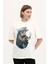 Beyaz %100 Pamuk Baskılı Oversize Dik Yaka Örme T-Shirt 2