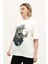 Beyaz %100 Pamuk Baskılı Oversize Dik Yaka Örme T-Shirt 3