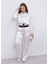 Kadın Beli Lastikli Crop Model Saten Bluz Beyaz 1