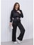 Kadın Beli Lastikli Crop Model Saten Bluz Siyah 3
